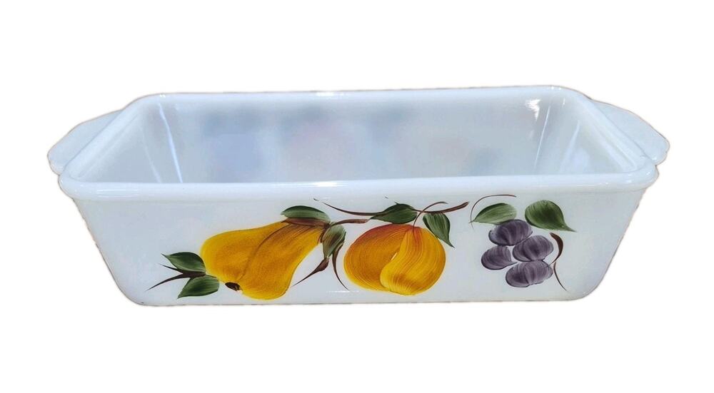 FireKing Handpainted Milk Glass Loaf Pan Fruit Motif EUC